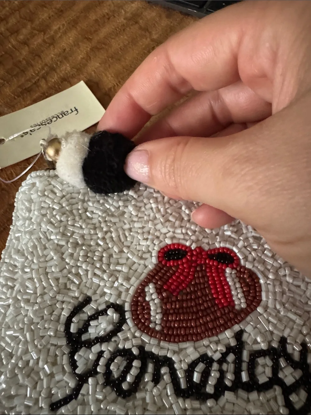 Francesca's Collections White Beaded Wallet with Red & Brown Football
